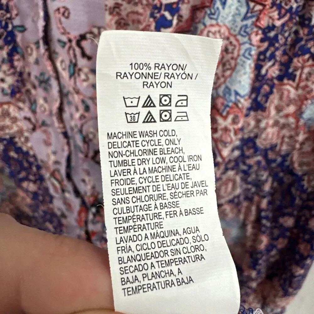 Lucky Brand Boho Blue Colorful Tie Popover Peasant Top Womens Sz 1X Festival - Picture 7 of 8